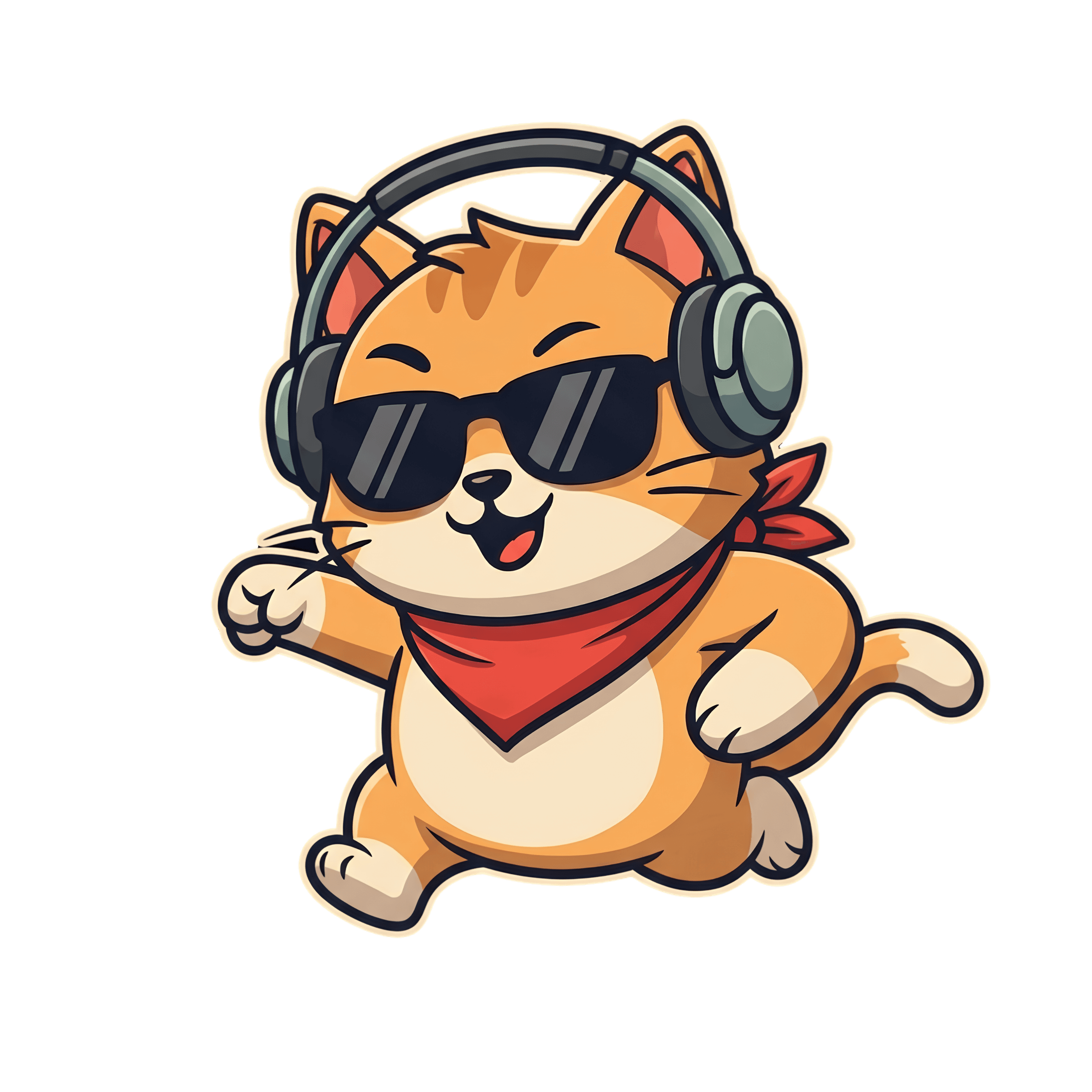 Squeaky the cat wearing sunglasses, headphones, and a red bandana